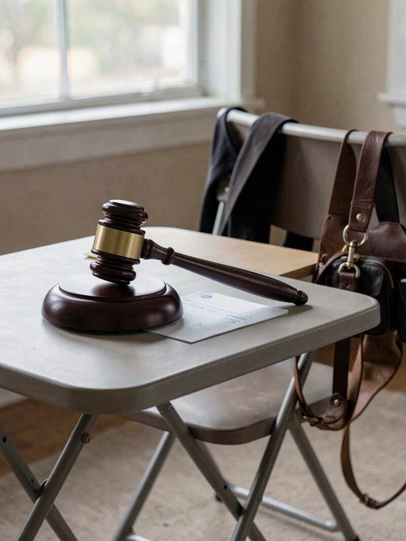 The detail kept beside « A meeting that runs like a ring »: A folding table at the front of a rented meeting room with a gavel, a printed agenda, and a stack of show entry forms beside a thermos.