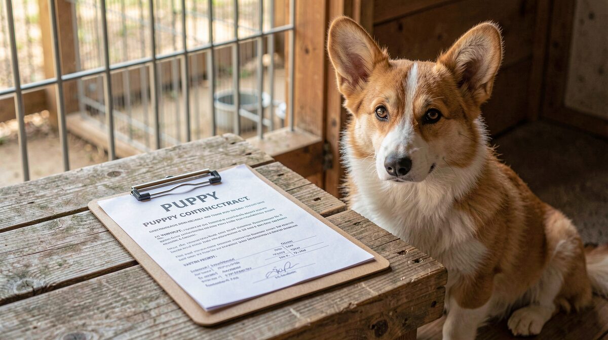 A clipboard with a written puppy contract and a vaccination record on a wooden kennel table, with a Welsh Corgi Pembroke sitting beside it, natural morning light, close framing.