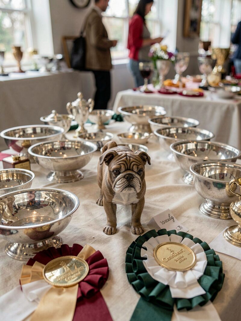 The detail kept beside « A weekend at a specialty »: Two rings side by side under a wide tent at a Texas showground, bulldogs on crates in the shade, rosettes lined on a secretary table.