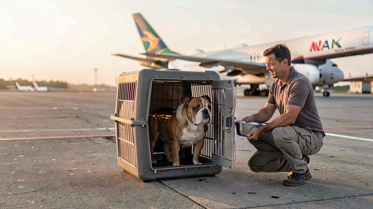 A bulldog in a ventilated travel crate on a shaded airport cargo apron at dawn, a handler kneeling beside it with a water bowl, the crate door open, soft low light from the left.