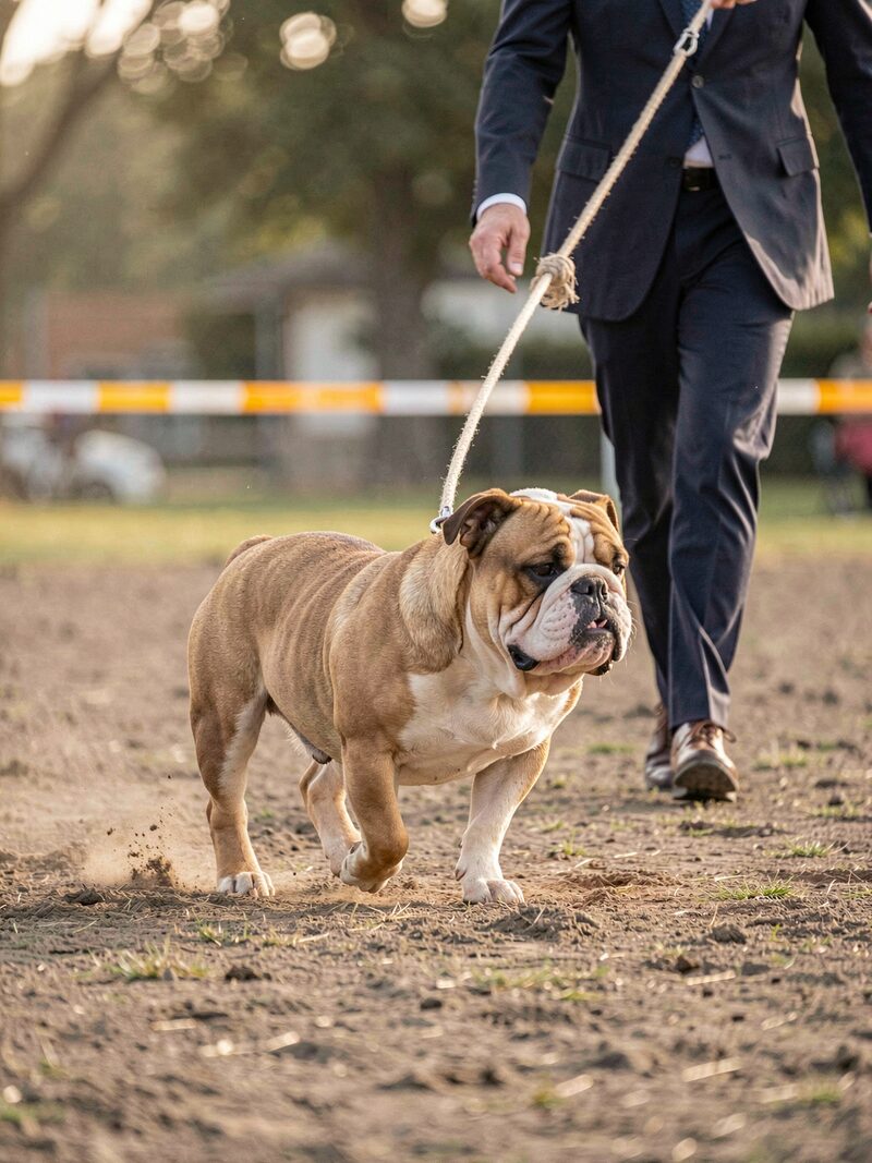 The detail kept beside « How a bulldog is judged »: Bulldogs lined along the far rope of a show ring, handlers kneeling beside them, a judge walking the line with a judging program under one arm.