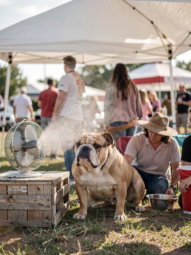 An outdoor ring at a Texas showground under a pale morning sky, pop-up canopies around it, a bulldog resting on a cooling mat.