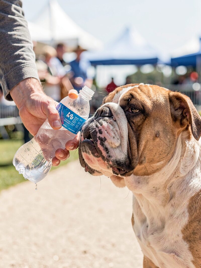 The detail kept beside « Showing a dog in the heat »: An outdoor ring at a Texas showground under a pale morning sky, pop-up canopies around it, a bulldog resting on a cooling mat.