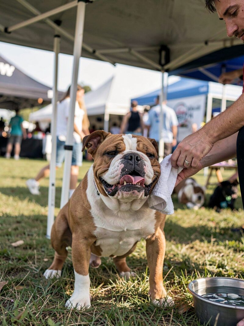 A bulldog resting in a crate with a battery fan clipped to the door and wet towels over the top, the ring ropes bright with afternoon sun beyond.