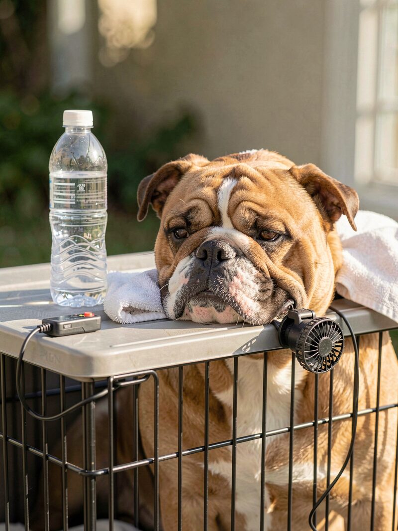 The detail kept beside « The healthier ring question »: A bulldog resting in a crate with a battery fan clipped to the door and wet towels over the top, the ring ropes bright with afternoon sun beyond.