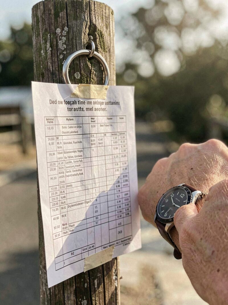 A printed judging program taped to a grooming table, ring numbers circled in pencil, coffee and armbands beside it before sunrise.