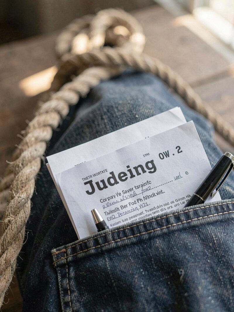 The detail kept beside « The judging program hour »: A printed judging program taped to a grooming table, ring numbers circled in pencil, coffee and armbands beside it before sunrise.