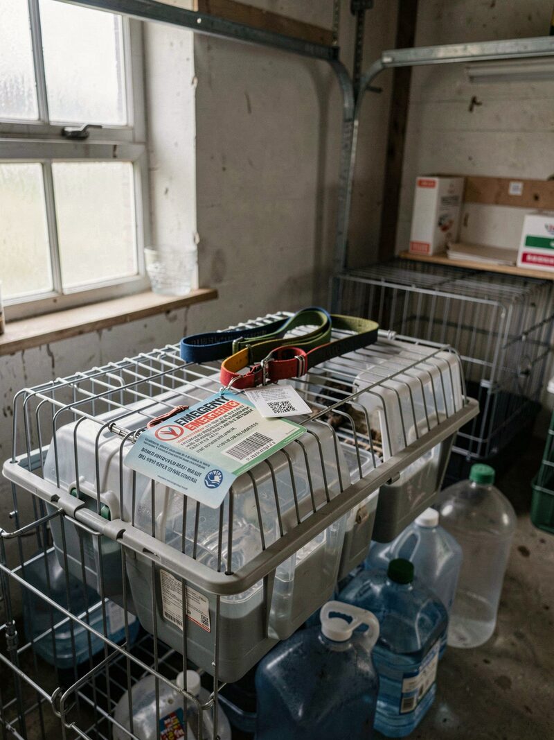 A kitchen table in June with a laptop open to a club's disaster plan page, a dog crate and a plastic folder of records beside it.