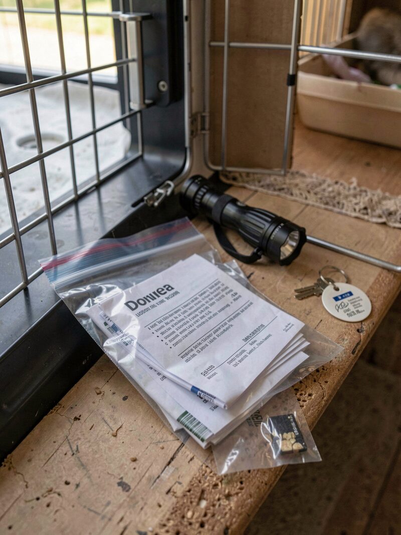 The detail kept beside « The storm plan page »: A kitchen table in June with a laptop open to a club's disaster plan page, a dog crate and a plastic folder of records beside it.