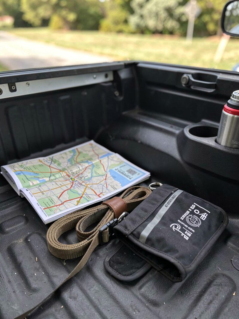 The detail kept beside « The Texas circuit Saturday »: A dually truck and trailer in a motel lot before dawn, show catalogs on the dashboard, a highway sign for Houston in the distance.