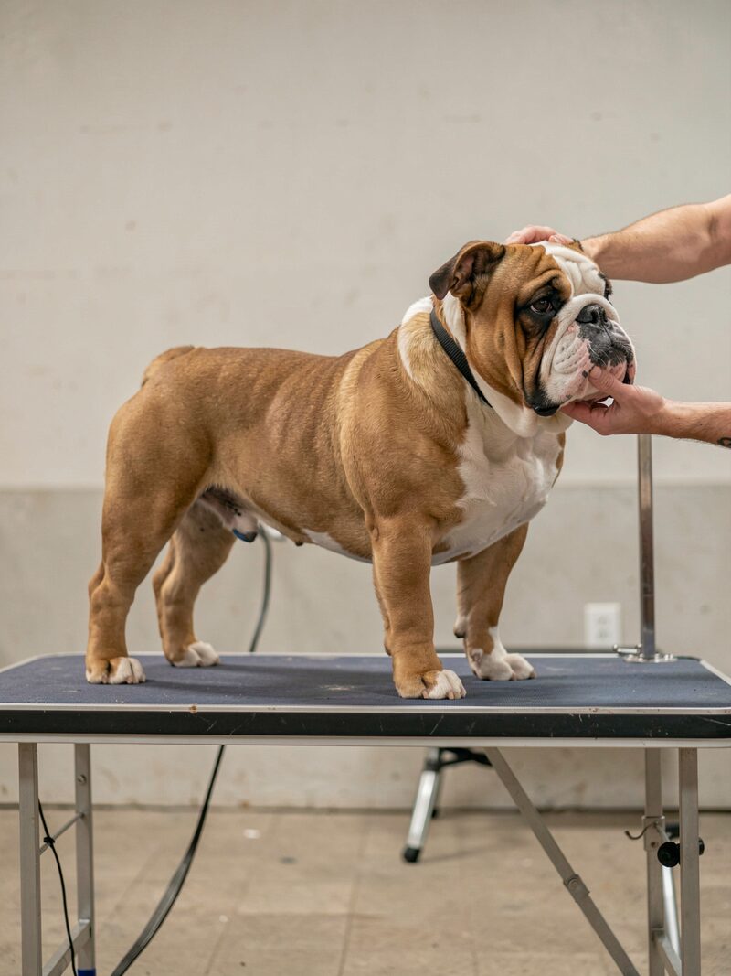 A judge bent over a fawn bulldog in profile, both hands on the head, folding chairs and a steward's table behind the rope.