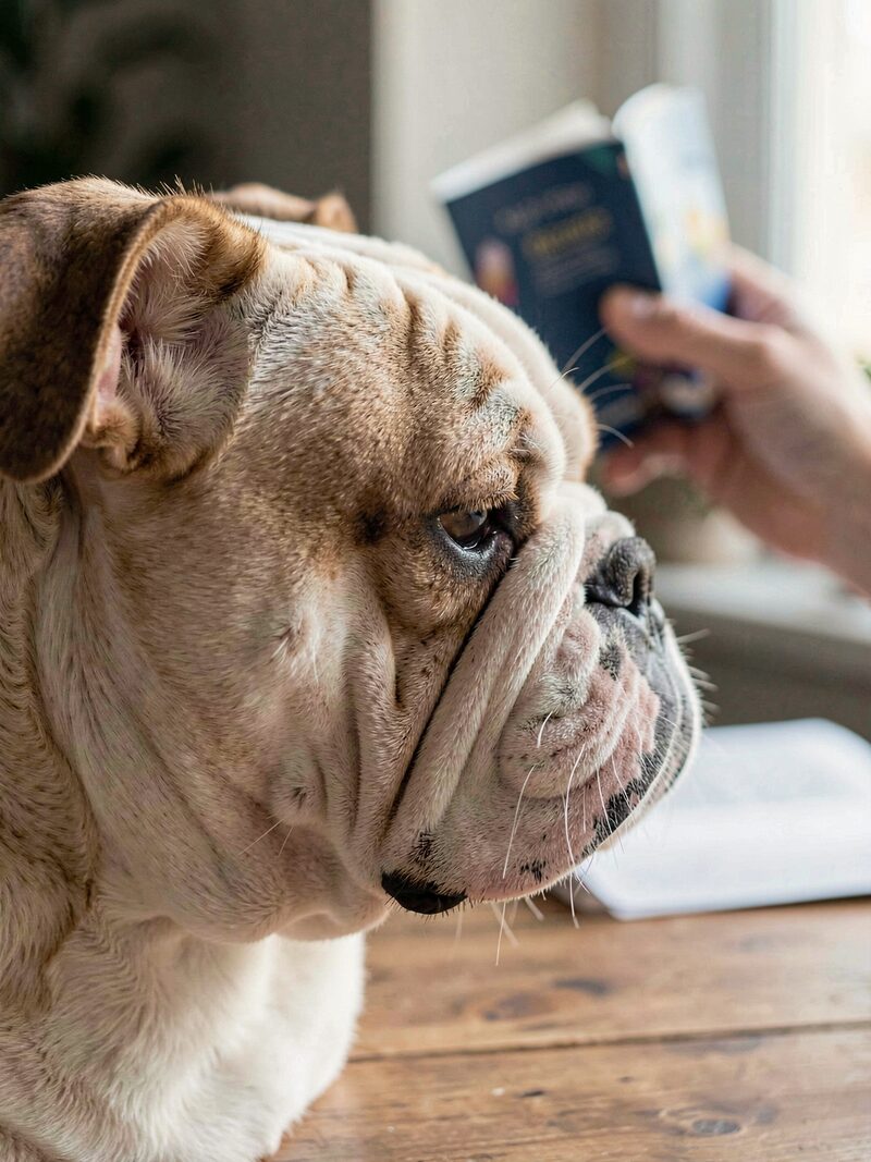 The detail kept beside « What a breed standard is »: A judge bent over a fawn bulldog in profile, both hands on the head, folding chairs and a steward's table behind the rope.