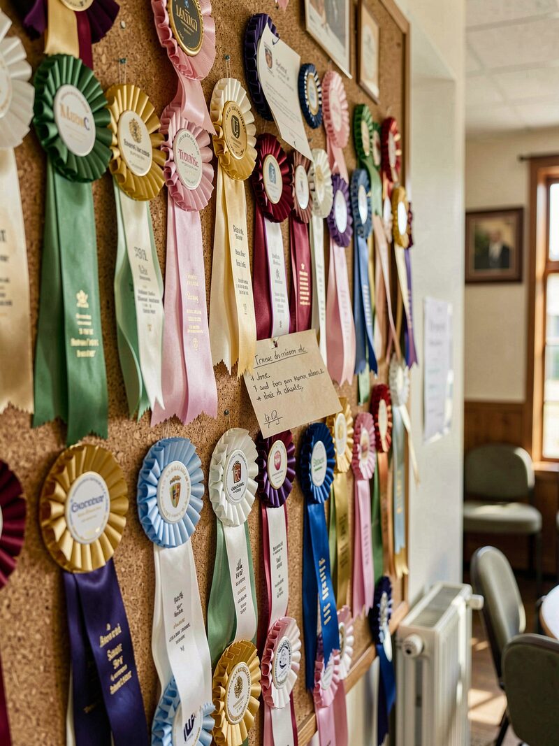 A laptop on a folding table at a dog show, its screen open to an old web page of small dog photographs and captions, ribbons hanging from a crate behind.