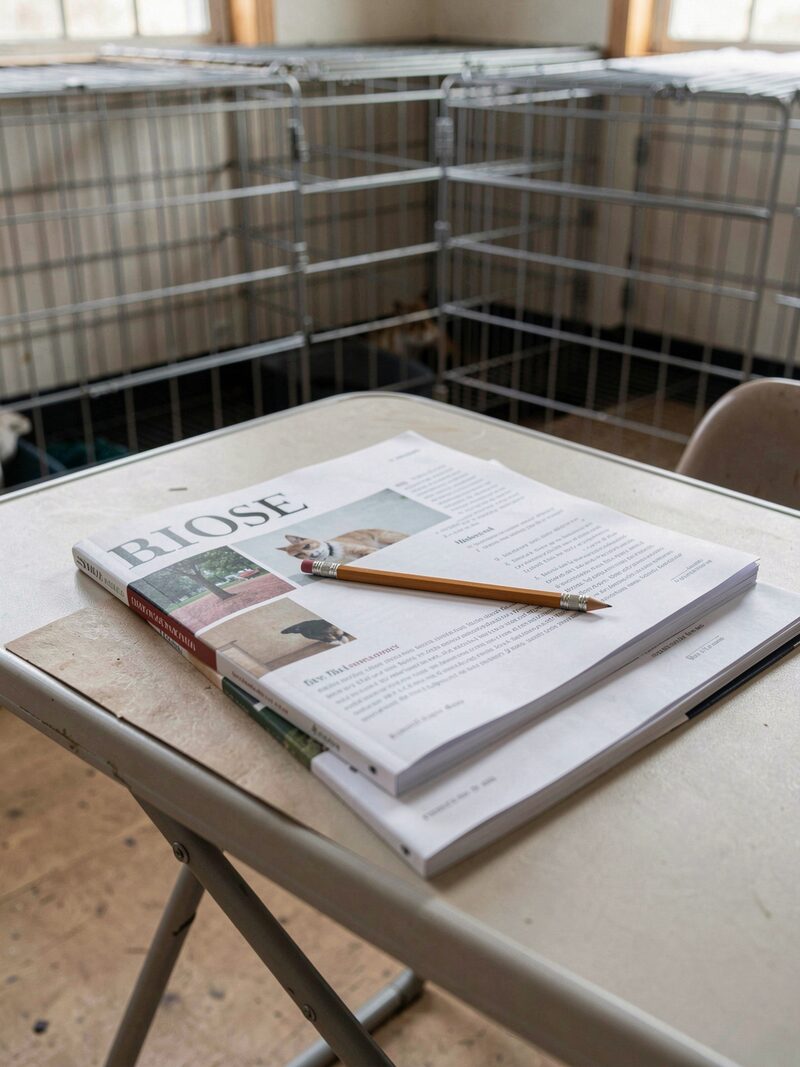 A vendor table at a showground selling marked-up catalogues, pens and armbands, a buyer thumbing a stack of old show years.