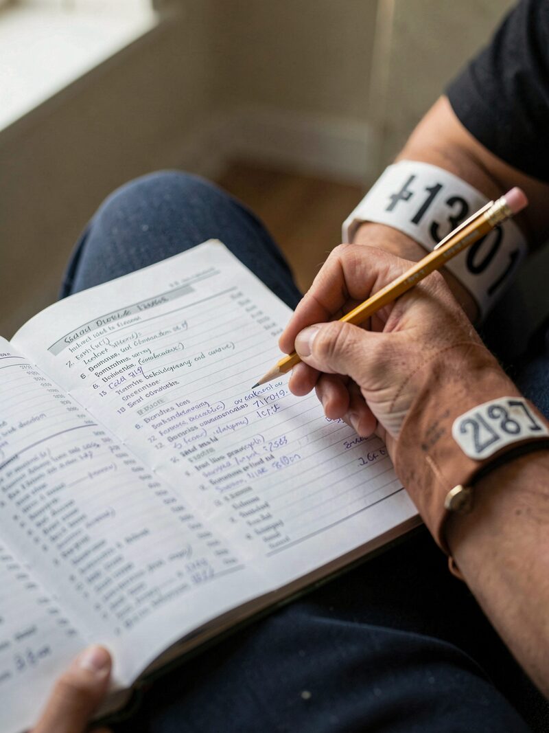 The detail kept beside « What the catalogue remembers »: A vendor table at a showground selling marked-up catalogues, pens and armbands, a buyer thumbing a stack of old show years.